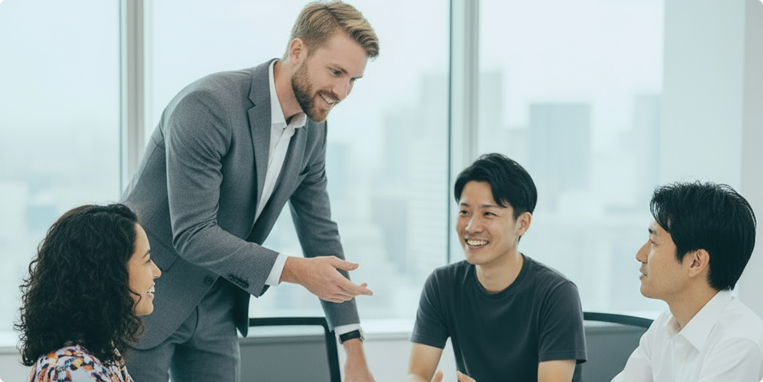 4人の方がテーブルを挟んで和やかに談話をしている様子の画像