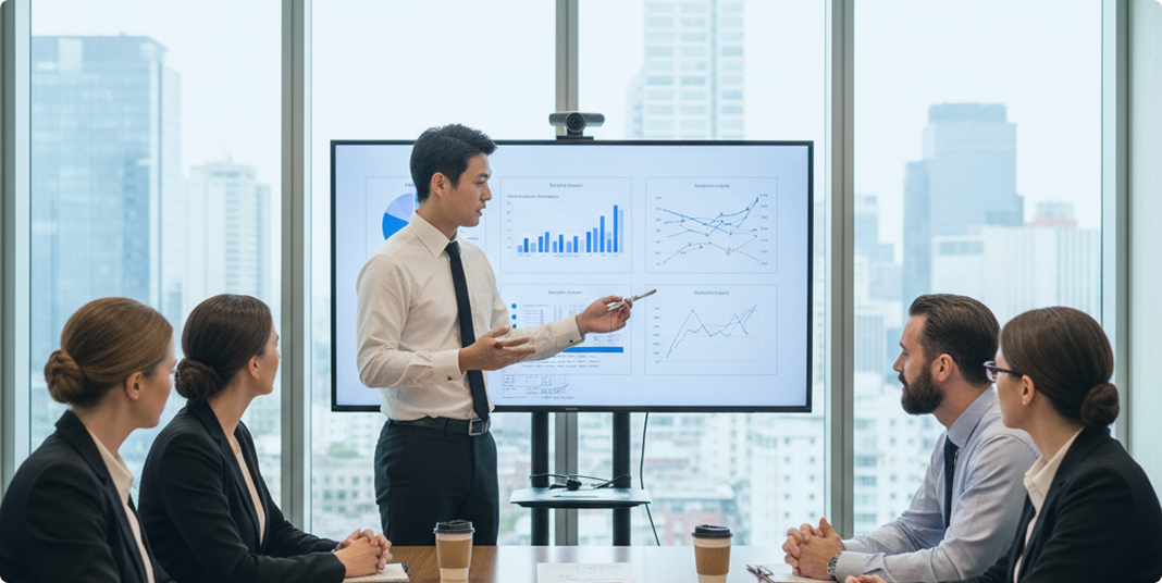 1人の男性が立って座っている４人にプレゼンをしている様子の画像