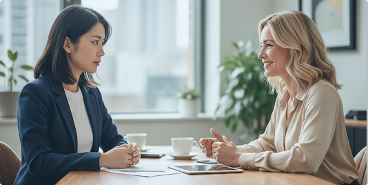 二人が机に向かい合って話している様子の画像